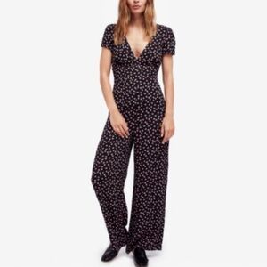 Free People Mia Black and Pink Rose Jumpsuit Size 6
